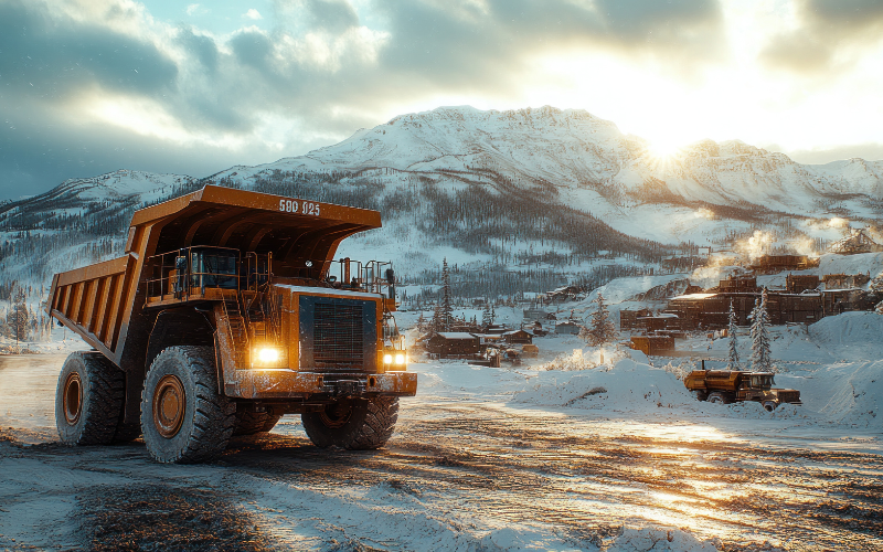 Mining truck in the mountains at winter.